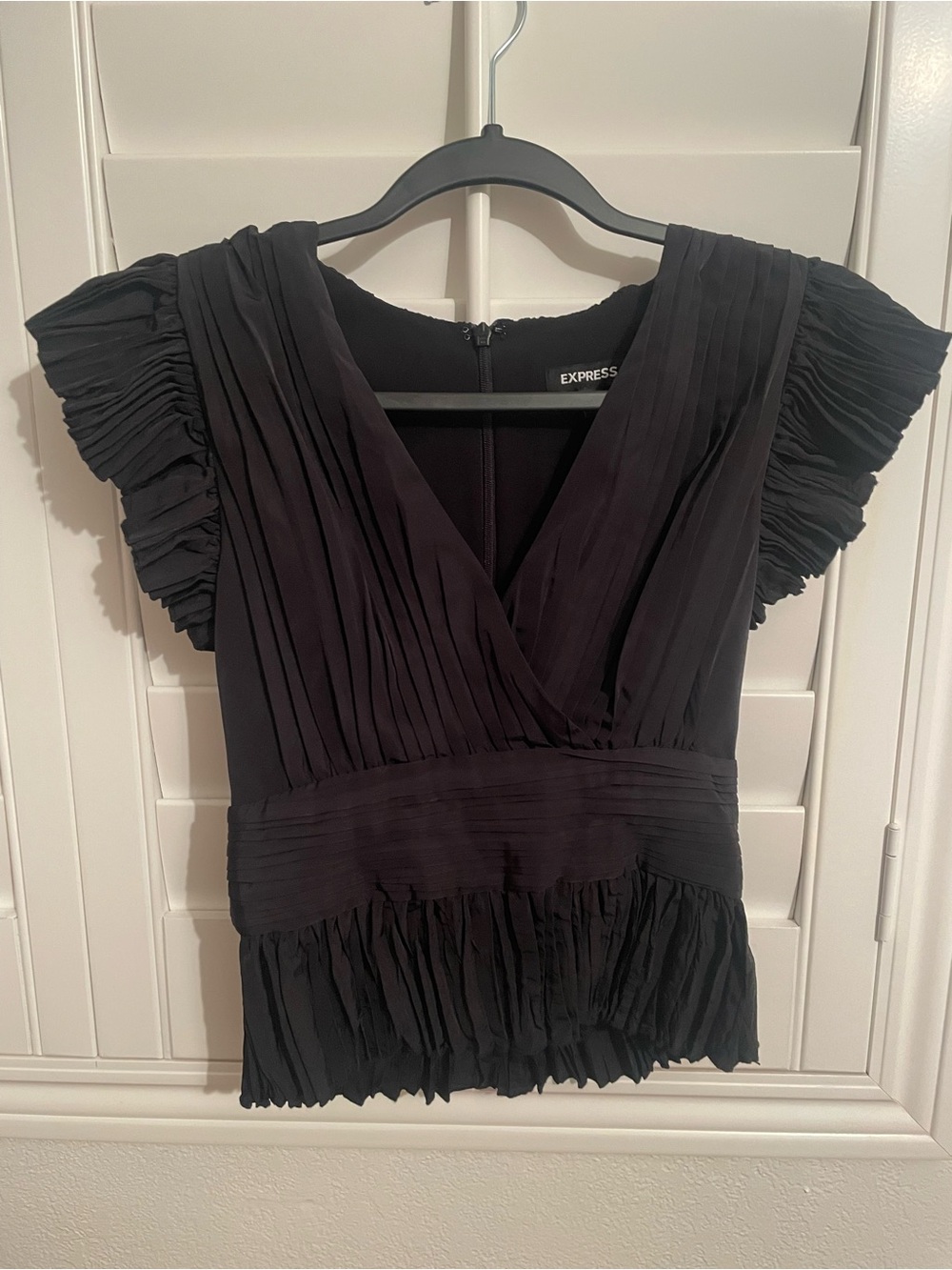 Express Black Pleated V-Neck Flutter Sleeve Blouse